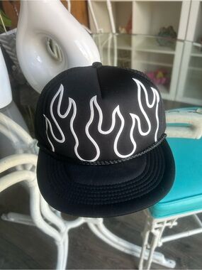Straye Black Flame Trucker Hat with White Flame Design